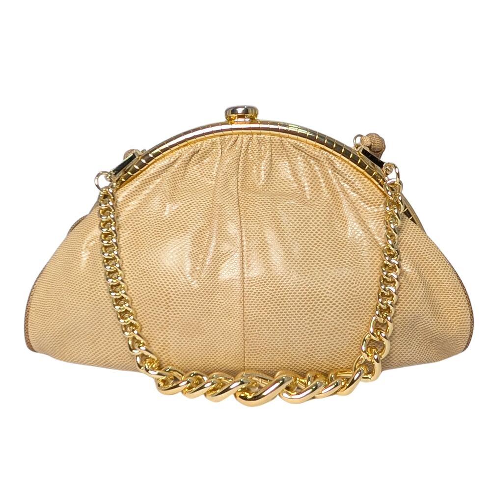 Genuine Lizard Skin Susan Gail Half Moon Clutch Evening Bag Beige Gold Vintage
